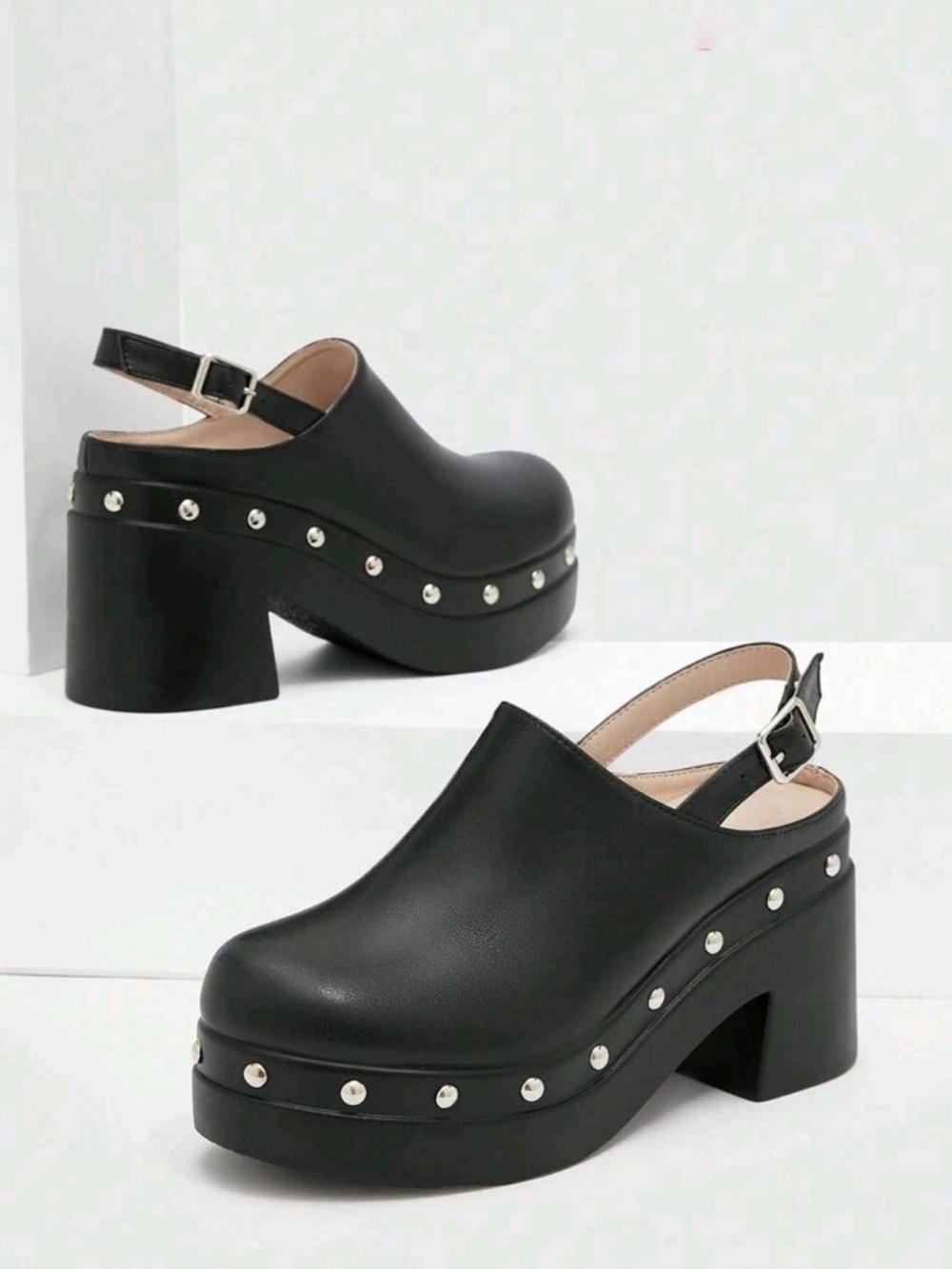 Black Studded Platform Slingback Clogs for Women